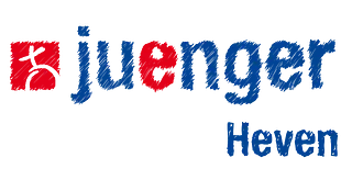 Das Logo mit Schriftzug der Ev. Jugend Witten Heven: links ein rot schraffiertes Quadrat mit einem weißen Kreis unten links auf dem oben ein weißes Kreuz aufgesetzt ist, daneben in schraffiert dargestellten Kleinbuchstaben das Wort "jünger", wobei alle Buchstaben blau sind, außer dem "e", das ist rot. Darunter steht das Wort "Heven" in blauer Schrift