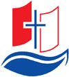 Logo der ev. Trinitatis-Kirchengemeinde in Witten: Segelschiff mit blauem Rumpf und blauem Mast in Kreuzform, ein rotes Segel und ein weißes Segel mit rotem Rand.