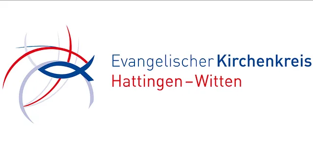 Logo des Kirchenkreises Hattingen Witten. Dunkelblauer nach links schwimmender stilisierter Fisch und mehrere hellblaue und rote Kreisbögen