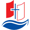 Logo der Ev. Trinitatis-Kirchengemeinde Witten: Ein Segelschiff mit bauem, wellenförmigen Rumpf, einem blauem Mast in Kreuzform, an dem links ein rotes Segel hängt und rechts ein weißes Segel mit rotem Rahmen
