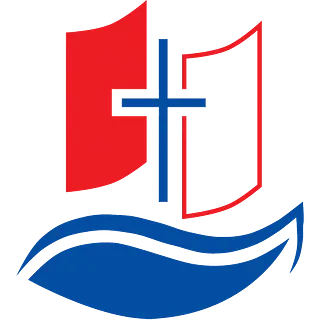 Logo der Ev. Trinitatis Kirchengemeinde in Witten: Ein Segelschiff mit blauem Rumpf. blauem Mast in Kreuzform, einem roten Segel und einem weißen Segel mit rotem Rand.